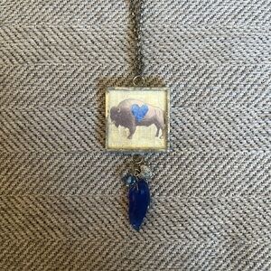 Handmade Buffalo Pendant Necklace with Blue Heart & Lake Erie Beach Glass